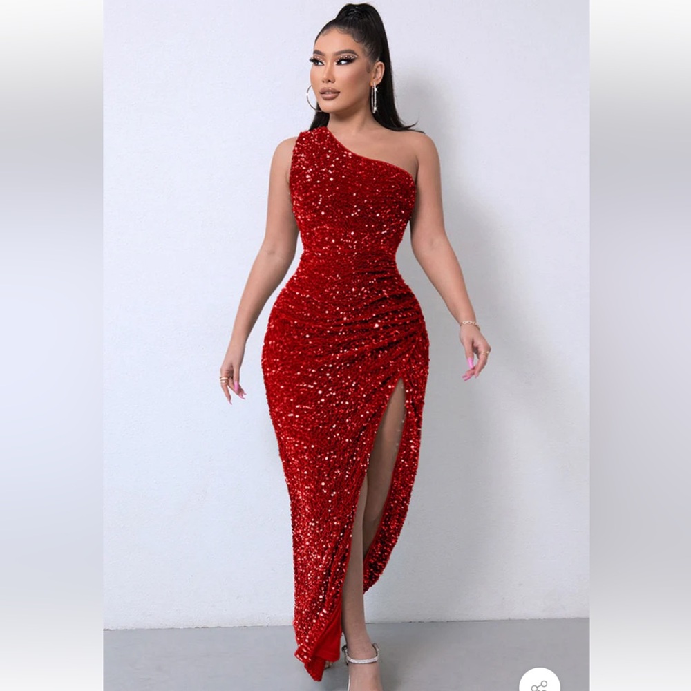 Sparkly Burgandy Bodycon One Shoulder Dress